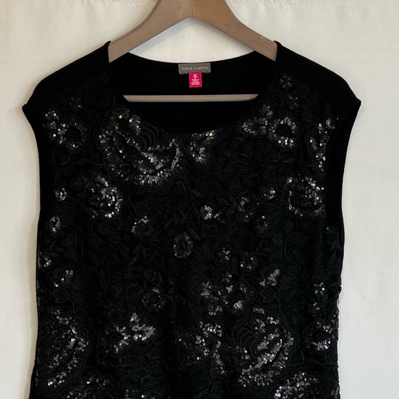 Vince Camuto Lace & Sequin Front Sleeveless T-shirt Top Black - Picture 3 of 12